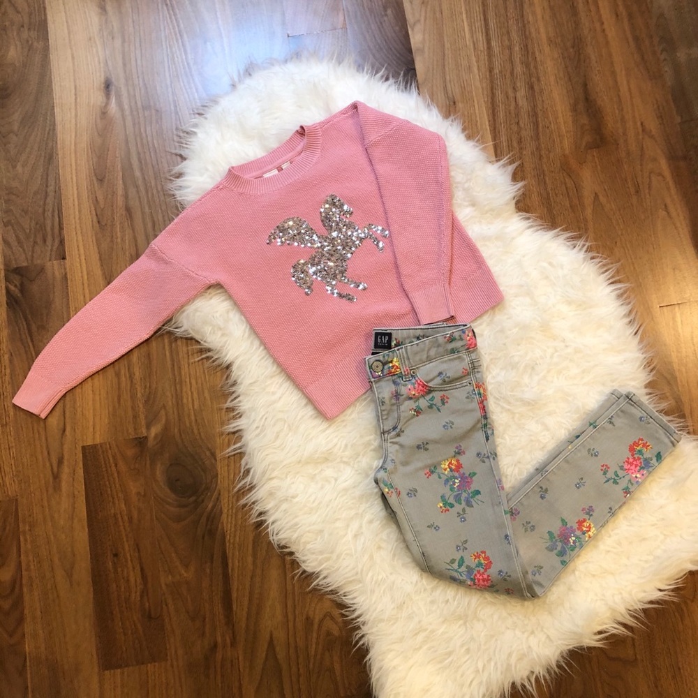 GAP PEGASUS SWEATER & FLORAL SKINNY PANTS SZ 7R